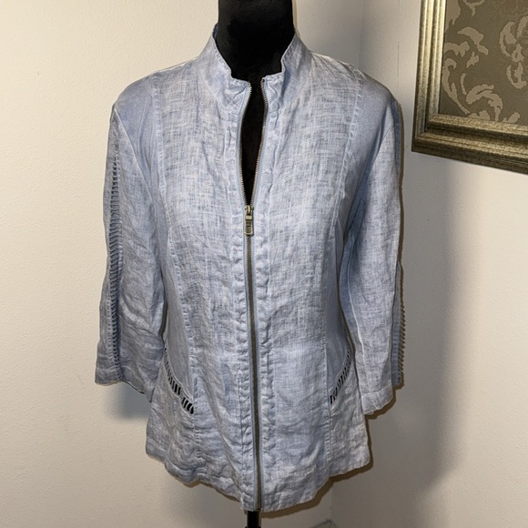 Mind Set by XCVI 100% linen zip blue top light jacket blouse Sz M - Picture 6 of 12